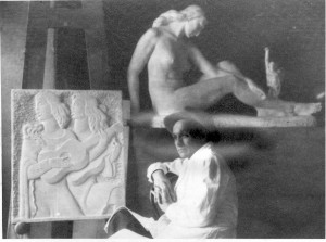 Kipar Antun Augustinčić u svom atelijeru pored reljefa Melodija i skulpture ženskog akta