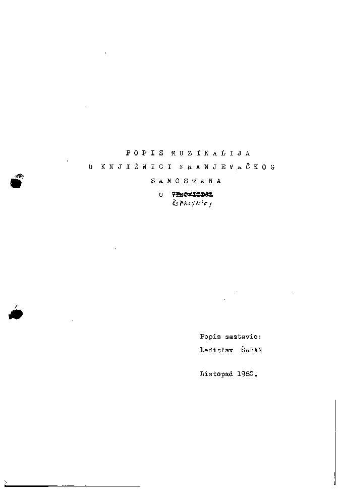 Popis muzikalija u knjižnici Franjevačkog samostana u Koprivnici  / popis sastavio Ladislav Šaban