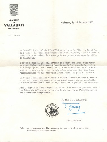 Službeni poziv gradonačelnika Paula Derigona na proslavu 80-tog rođendana Pabla Picassa upućen Vesni Barbić