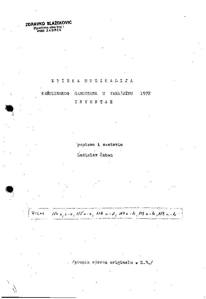 Zbirka muzikalija Uršulinskog samostana u Varaždinu : inventar / popisao i sastavio Ladislav Šaban