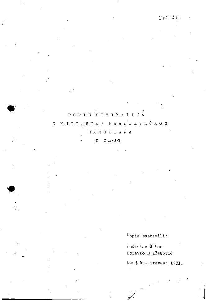 Popis muzikalija u knjižnici Franjevačkog samostana u Klanjcu  / popis sastavili Ladislav Šaban