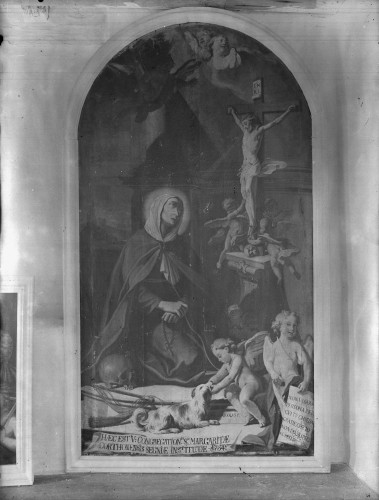 Crkva svete Marije od Arta (Senj) : Sveta Margarita kleči pred raspetim Kristom, ulje na platnu, 1754. (Antonio Paroli)