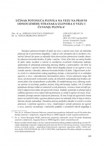 Učinak potonuća plovila na vezu na pravni odnos između stranaka ugovora o vezu i čuvanju plovila / Adriana Vincenca Padovan, Vesna Skorupan Wolff