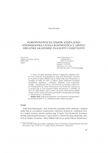 Korespondencija između Josipa Jurja Strossmayera i Ivana Kostrenčića u Arhivu Hrvatske akademije znanosti i umjetnosti / Ivica Zvonar