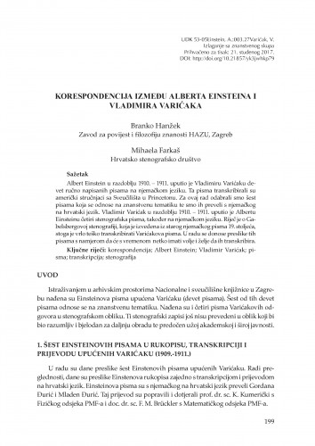 Korespondencija između Alberta Einsteina i Vladimira Varićaka / Branko Hanžek, Mihaela Farkaš