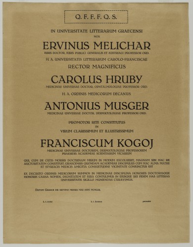 Povelja počasnog člana Univerziteta u Grazu Franje Kogoja