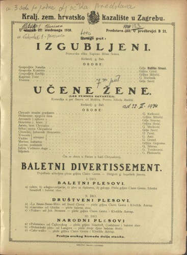 Izgubljeni ; Učene žene ; Baletni divertissement : Primorska slika : Komedija u pet činova  =  Les Femmes savantes
