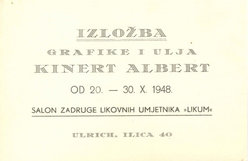 Pozivnica na izložbu grafike i ulja Alberta Kinerta, 20.-30.10.1948.