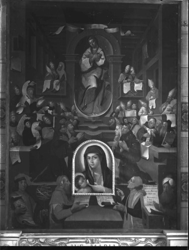 Franjevačka crkva Uznesenja Blažene Djevice Marije (Poljud, Split) : Disputa o Bezgrešnom začeću Marijinu, ulje na platnu, 1727. (Mihovil Luposignoli)