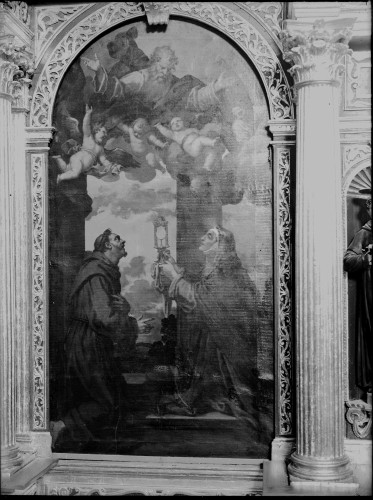 Crkva svetog Frane (Šibenik) : Sveti Ante Padovanski, sveta Klara i Bog Otac, ulje na platnu, 17. st. (Matej Ponzoni Pončun)