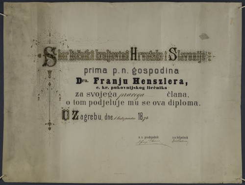 Povelja člana Sbora liečnika kraljevina Hrvatske i Slavonije dr. Franje Henszlera