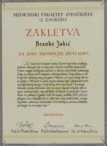 Zakletva Branke Jukić na dan promocije 26.VI 1980. - Ženevska zakletva u prigodi promoviranja doktora