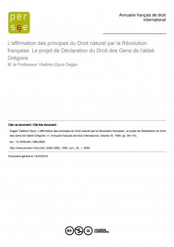 L'affirmation des principes du Droit naturel par la Révolution française. Le projet de Déclaration du Droit des Gens de l'abbé Grégoire / Vladimir-Djuro Degan