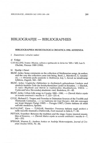 Bibliographia musicologica Croatica: Addenda 1990 & 1991 / Vjera Katalinić