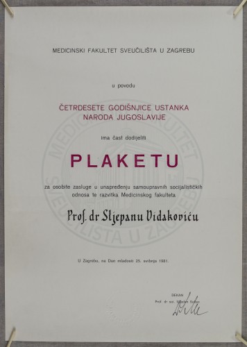 Priznanje prof. dr. Stjepanu Vidakoviću za osobite zasluge