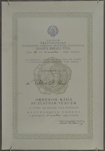 Odlikovanje dr. Viktora Boića ordenom rada sa zlatnim vijencem