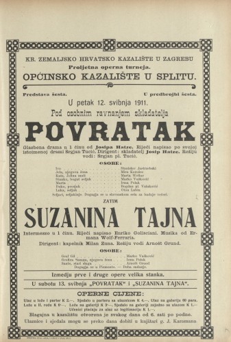 Povratak ; Suzanina tajna : Glazbena drama u jednom činu : Intermezzo u jednom činu