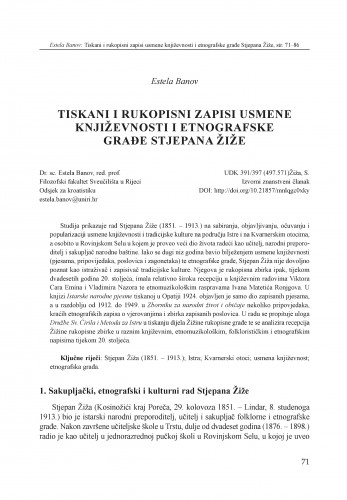 Tiskani i rukopisni zapisi usmene književnosti i etnografske građe Stjepana Žiže / Estela Banov