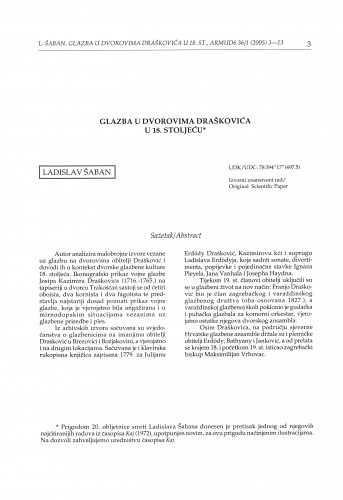 Glazba u dvorovima Draškovića u 18. stoljeću / Ladislav Šaban
