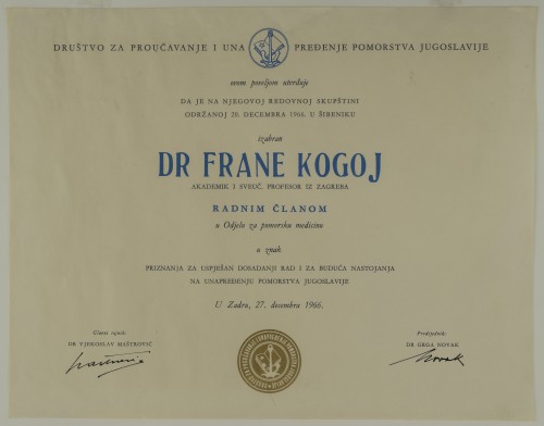 Povelja radnoga člana Odjela za pomorsku medicinu dr. Frane Kogoja