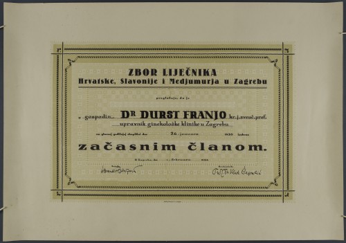 Povelja začasnog člana Zbora liječnika Hrvatske, Slavonije i Medjumurja u Zagrebu dr. Franje Dursta