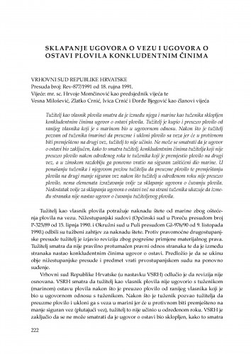 Sklapanje ugovora o vezu i ugovora o ostavi plovila konkludentnim činima (Vrhovni sud Republike Hrvatske, presuda broj: Rev-877/1991 od 18. rujna 1991.) : [prikaz] / Vesna Skorupan Wolff