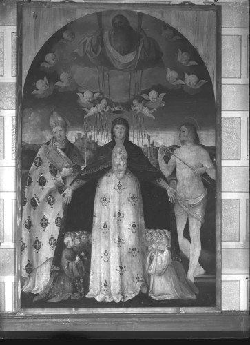 Franjevačka crkva Uznesenja Blažene Djevice Marije (Poljud, Split) : Bogorodica zaštitnica sa sv. Ljudevitom i sv. Sebastijanom, poč. 16. st. (Benedetto Diana)