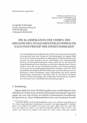 Die Klassifikation der Verben der Kroatischen standardliteratursprache nach dem Prinzip der zweistämmigkeit / Leopold Auburger