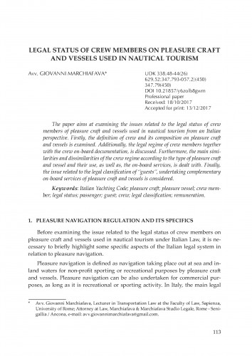 Legal status of crew members on pleasure craft and vessels used in nautical tourism / Giovanni Marchiafava