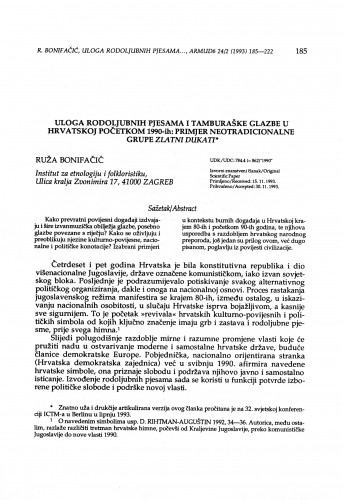 Uloga rodoljubnih pjesama i tamburaške glazbe u Hrvatskoj početkom 1990-ih: primjer neotradicionalne grupe 