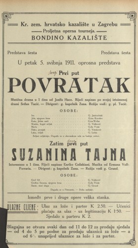 Povratak ; Suzanina tajna : Glazbena drama u jednom činu : Intermezzo u jednom činu