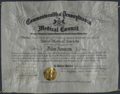Licenca Milanu Kovačeviću za vršenje liječničke i kirurške prakse u državi Pennsylvaniji