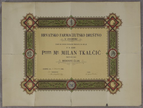 Povelja člana Hrvatskog farmaceutskog društva Milana Tkalčića