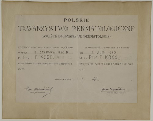 Povelja dopisnog člana poljskog dermatološkog društva dodijeljena Franji Kogoju