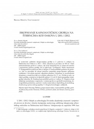 Iskopavanje kasnoantičkog groblja na Štrbincima kod Đakova u 2011. i 2012. / Branka Migotti, Tino Leleković