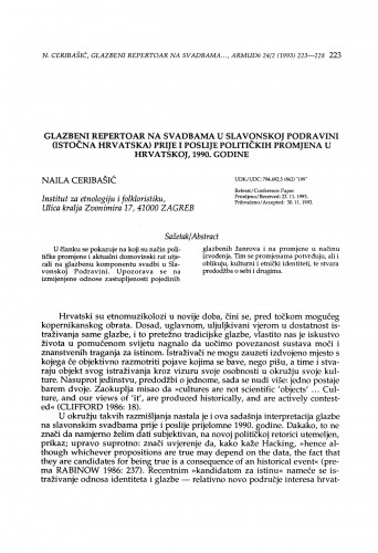 Glazbeni repertoar na svadbama u Slavonskoj Podravini (istočna Hrvatska) prije i poslije političkih promjena u Hrvatskoj, 1990. godine / Naila Ceribašić
