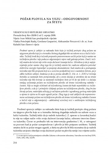Požar plovila na vezu - odgovornost za štetu (Vrhovni sud Republike Hrvatske, presuda broj: Rev-20/08-2 od 2. srpnja 2008.) : [prikaz] / Vesna Skorupan Wolff