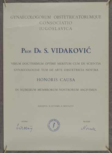Povelja počasnog člana udruženja ginekologa i opstetričara Jugoslavije Stjepana Vidakovića