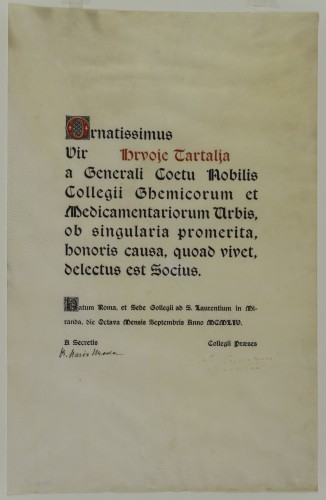 Povelja dodijeljena Hrvoju Tartalji