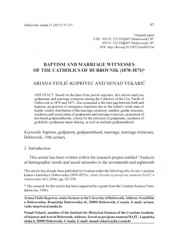 Baptism and marriage witnesses of the Catholics of Dubrovnik (1870-1871) / Ariana Violić-Koprivec, Nenad Vekarić