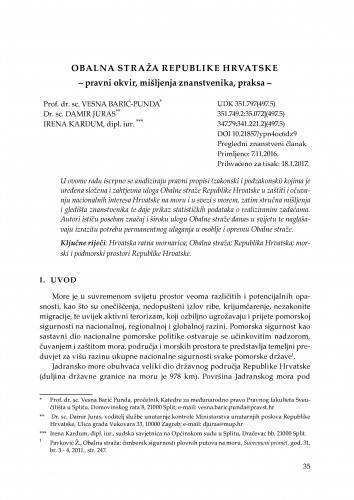 Obalna straža Republike Hrvatske : pravni okvir, mišljenja znanstvenika, praksa / Vesna Barić-Punda, Damir Juras, Irena Kardum