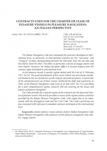 Contracts used for the charter or lease of pleasure vessels in pleasure navigation: an Italian perspective / Elena Orrù