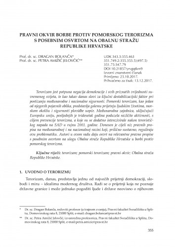 Pravni okvir borbe protiv pomorskog terorizma s posebnim osvrtom na Obalnu stražu Republike Hrvatske / Dragan Bolanča, Petra Amižić Jelovčić