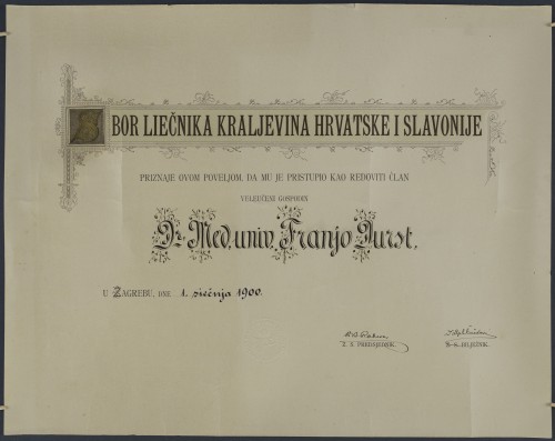 Povelja redovitog člana Sbora liečnika dr. Franje Dursta
