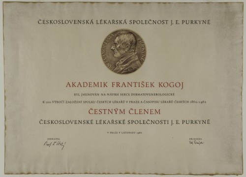 Povelja počasnog člana čehoslovačkog liječničkog društva J.E. Purkyne - Povelja dodijeljena akademiku Franji Kogoju