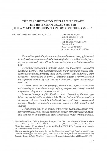 The classification of pleasure craft in the Italian legal system: just a matter of definition or something more? / Massimiliano Musi