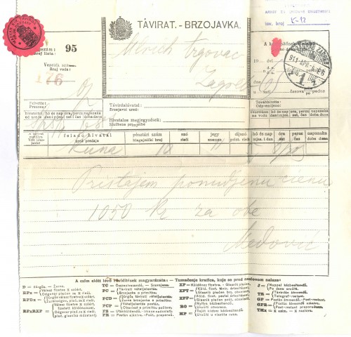 Brzojav Mate Celestina Medovića Antunu Ullrichu, Kuna, 6.4.1911.