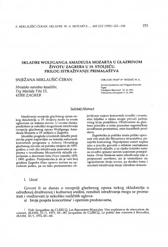 Skladbe Wolfganga Amadeusa Mozarta u glazbenom životu Zagreba u 19. stoljeću : prilog istraživanju primalaštva / Snježana Miklaušić-Ćeran