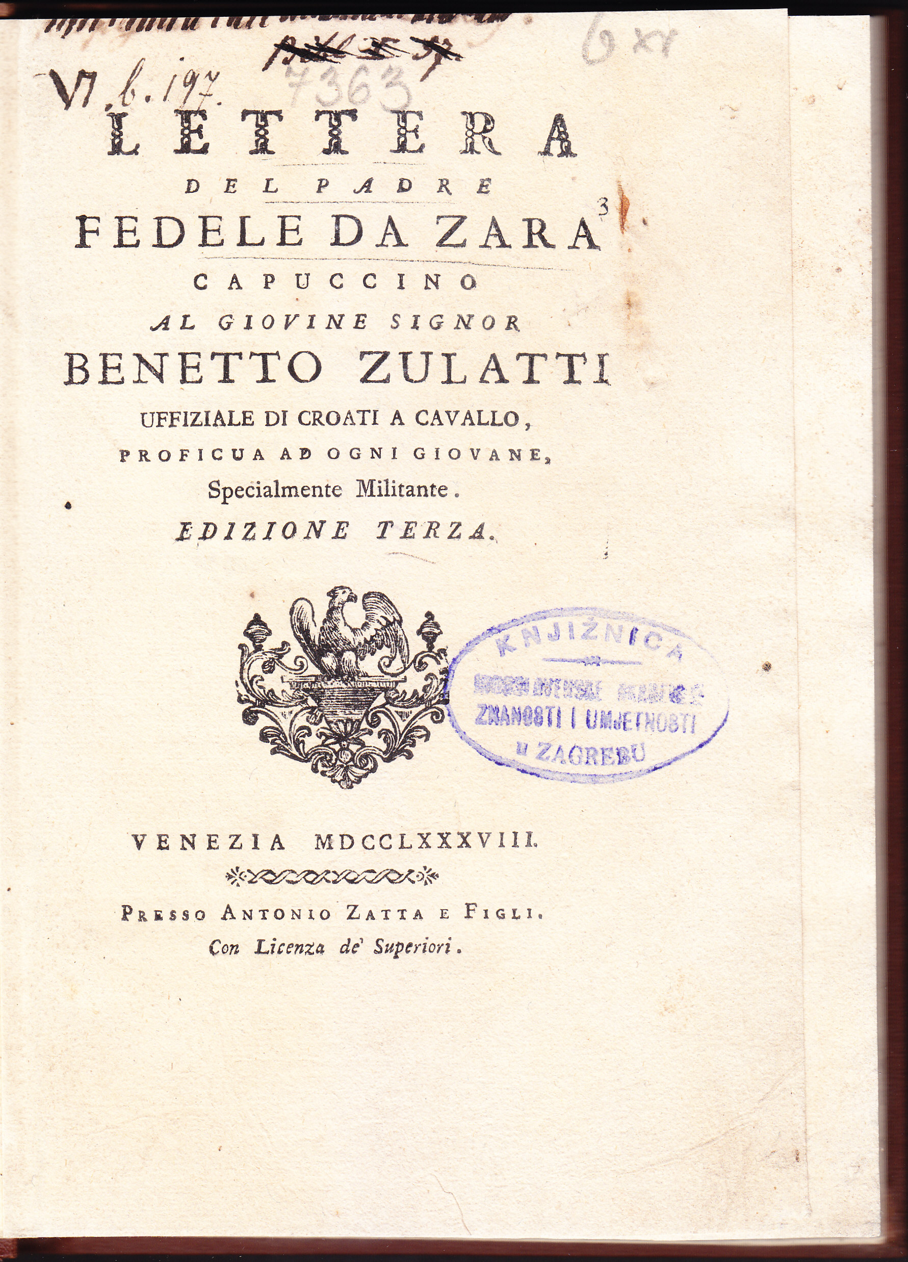 Lettera del padre Fedele da Zara capuccino al giovine signor Benetto Zulatti, ..