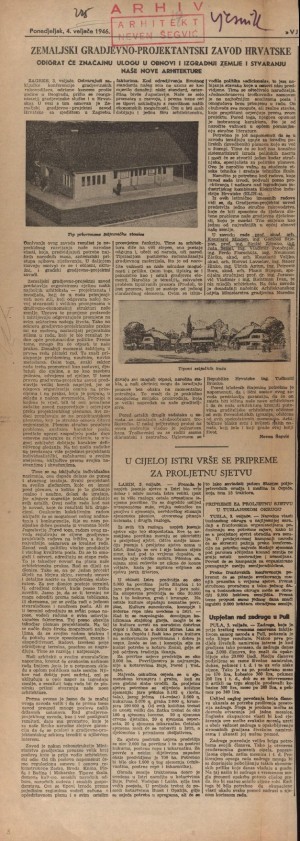 Zemaljski gradjevno-projektantski zavod Hrvatske odigrat će značajnu ulogu u obnovi i izgradnji zemlje i stvaranju naše nove arhitekture : Vjesnik